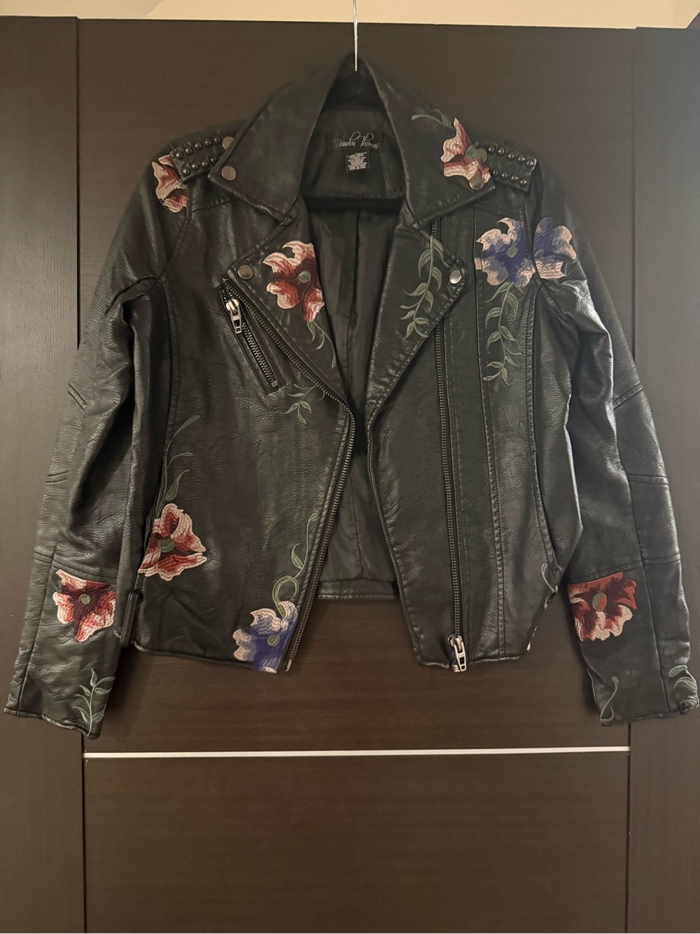 Brandon Thomas Black Faux Leather Floral Moto Jacket